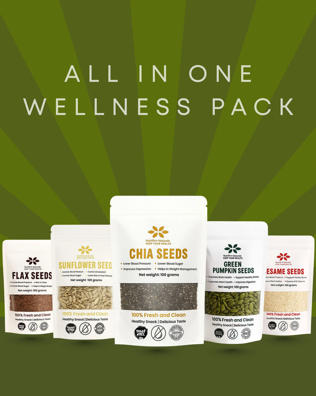 Collection of seed packages with a green background and text 'All in One Wellness Pack'.