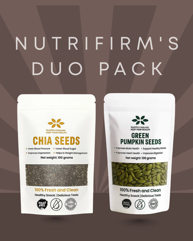 Two Nutrifirm seed packs, one for chia seeds and one for green pumpkin seeds, on a brown background.