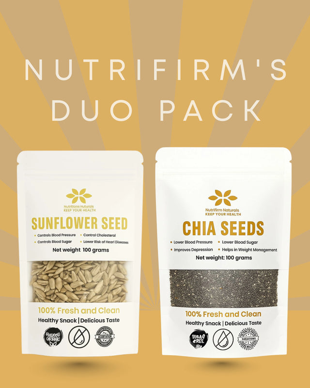 Two packages of Nutrifirm's Sunflower Seed and Chia Seeds duo pack on a yellow background.