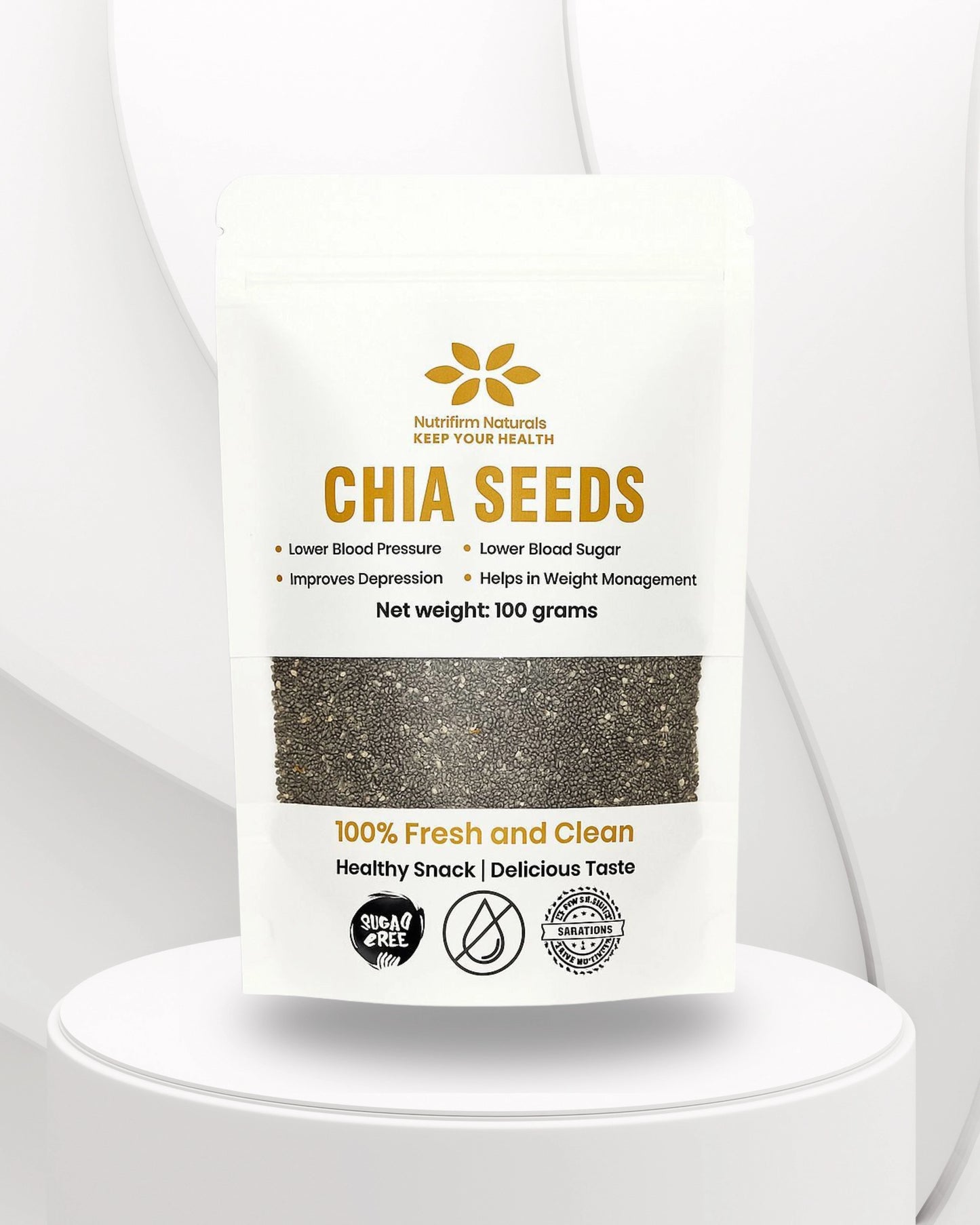 Pouch of Nutrifirm Naturals chia seeds on a white background