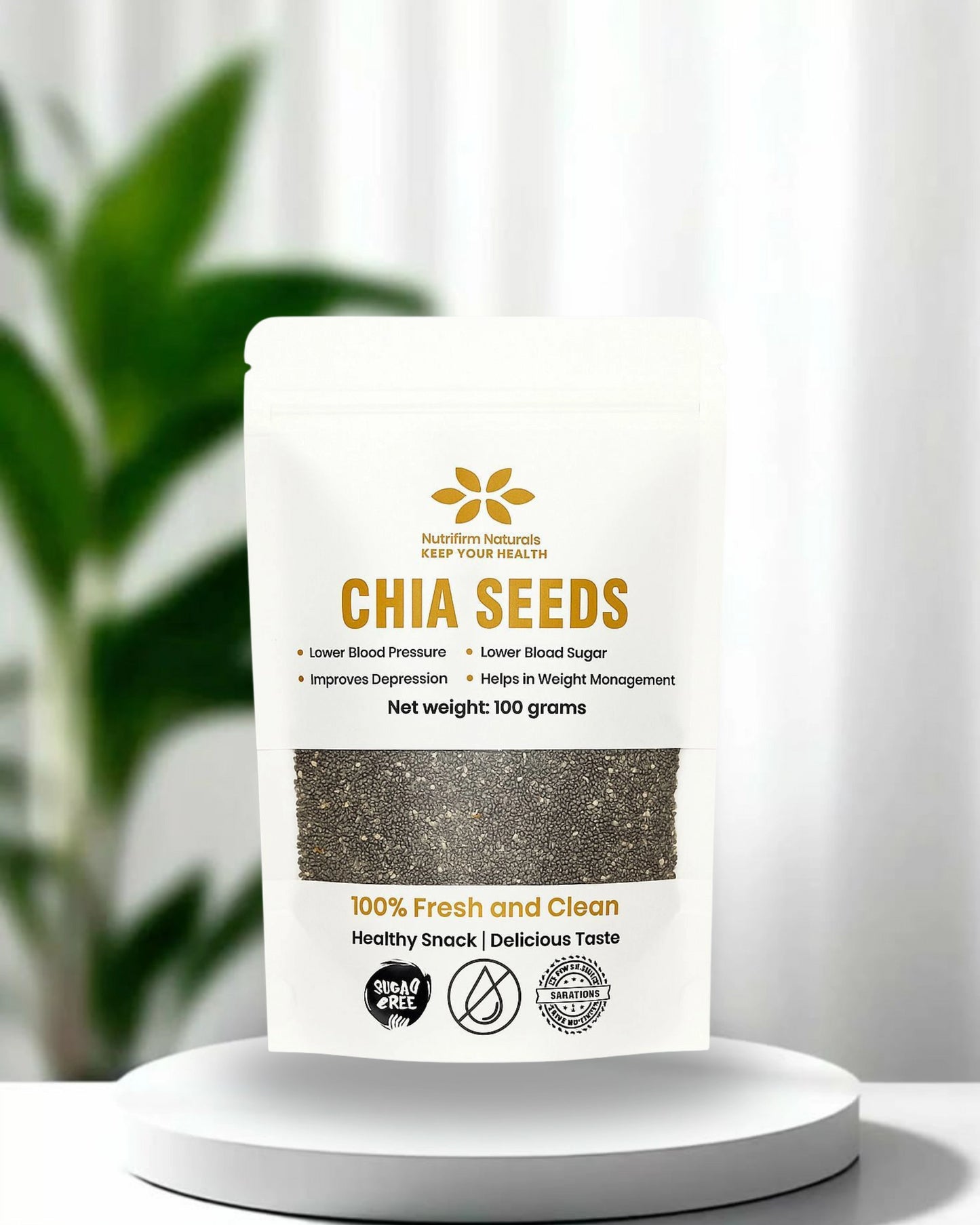 Bag of chia seeds with a label on a white background and faded leaves