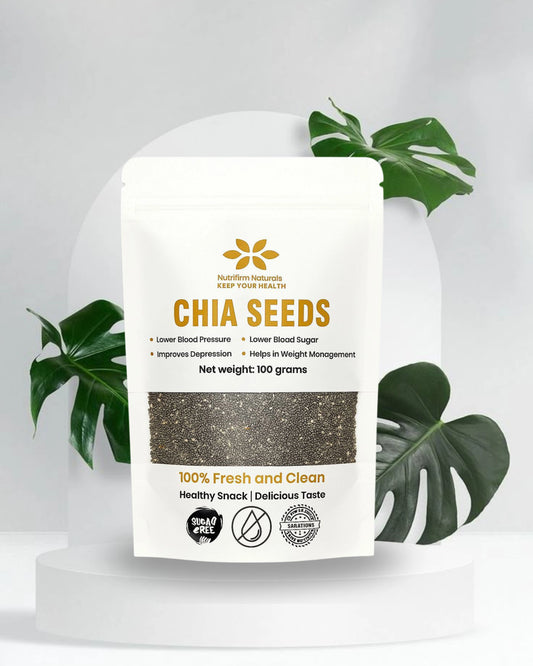 Bag of chia seeds with a label on a white background and some Leaves