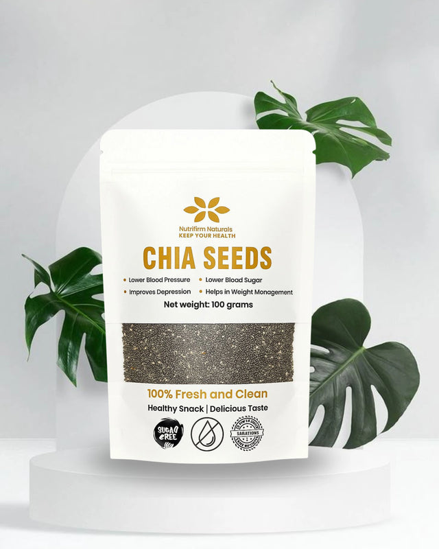 Bag of chia seeds with a label on a white background and some Leaves