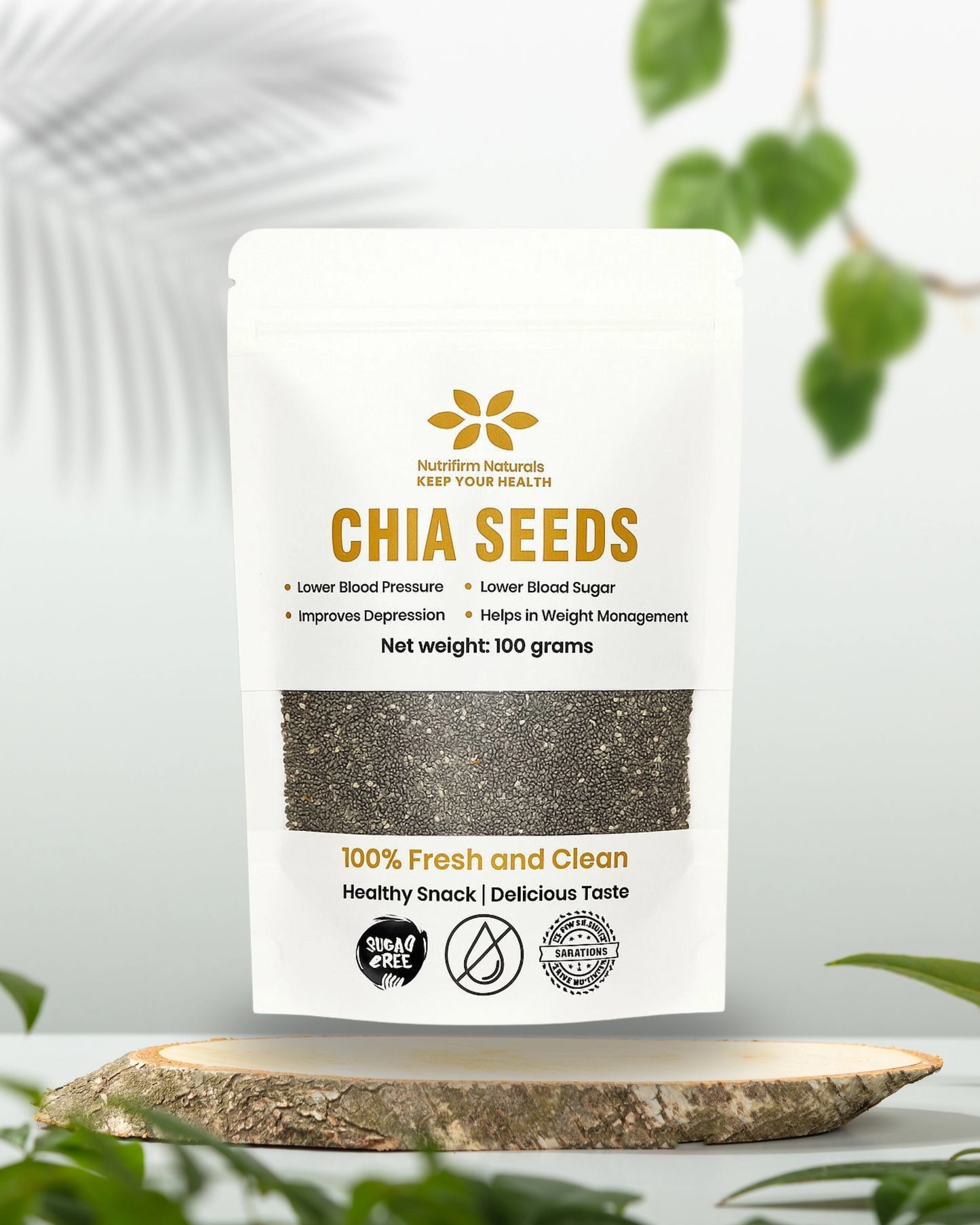 Bag of chia seeds with a white background and green plants around