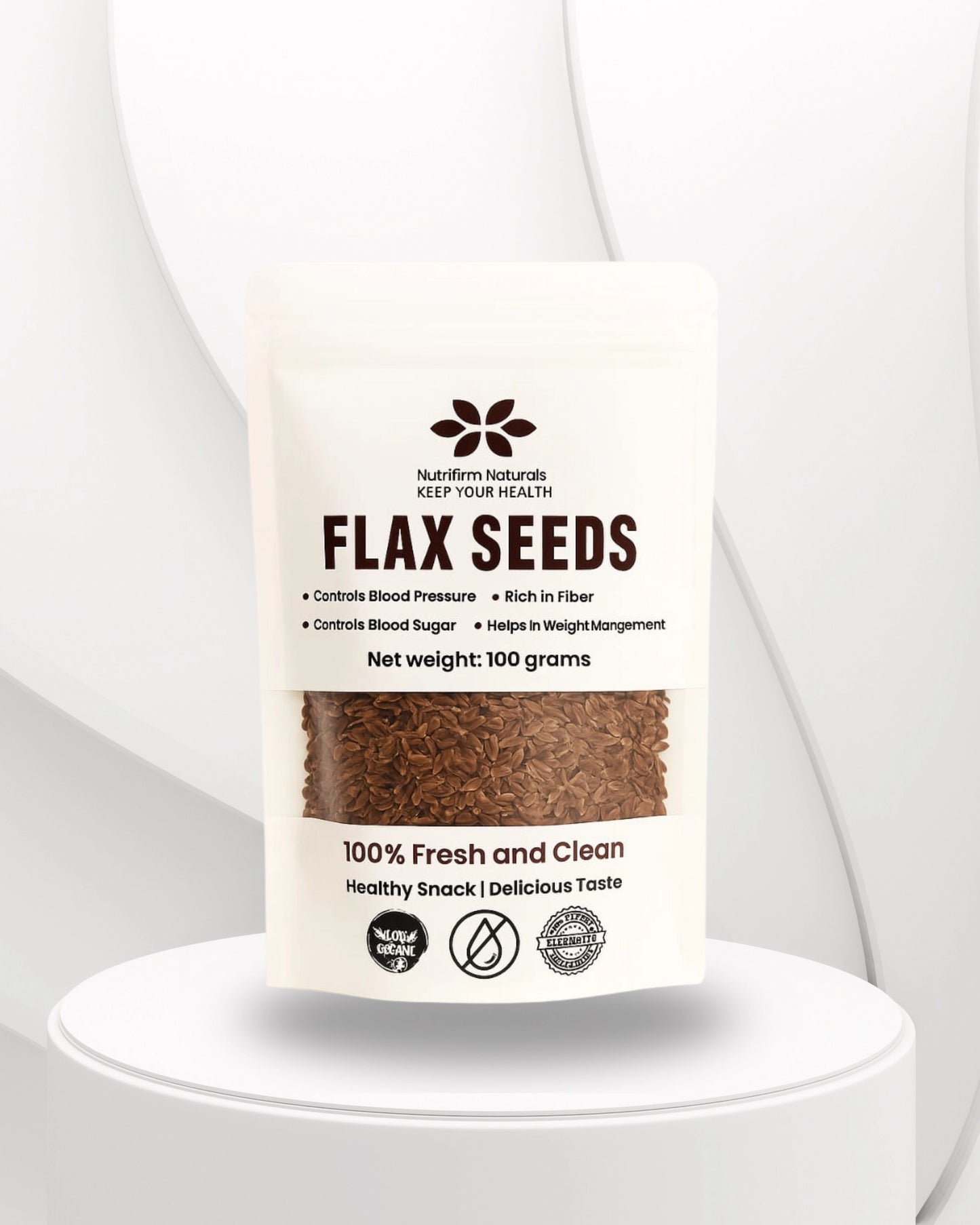 Bag of Nutriform Naturals flax seeds on a white background