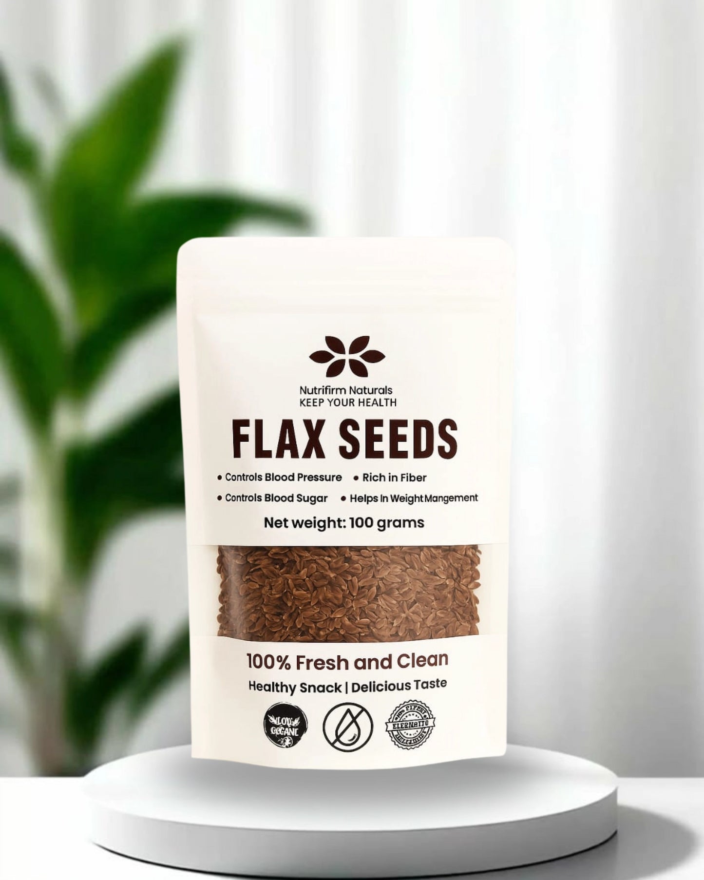 Pouch of flax seeds with a label on a white background