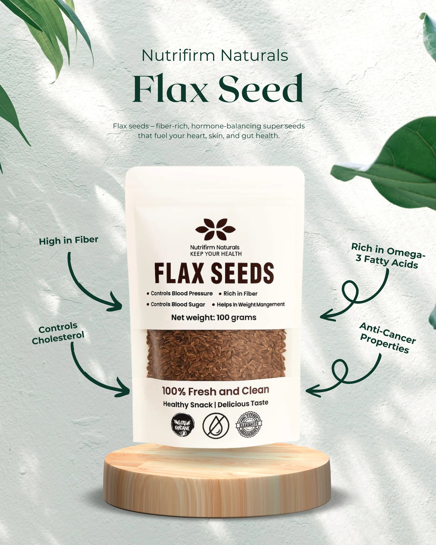 Nutrifirm Naturals Flax Seed packaging on a white background with green leaves and benefits mentioned.