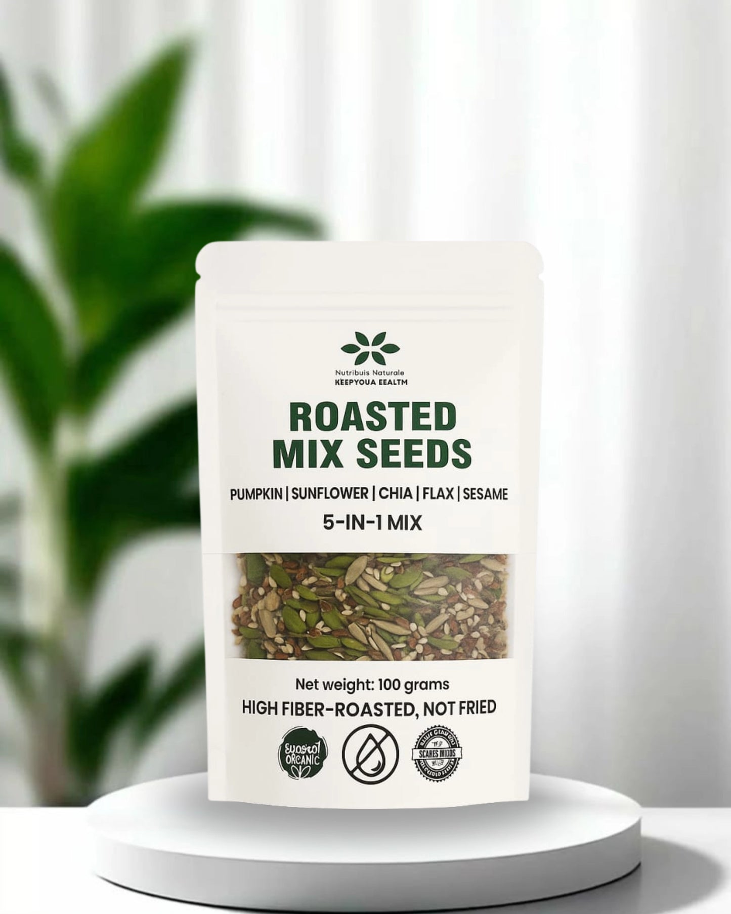 Roasted mix seeds packaging on a white background with a plant in the background