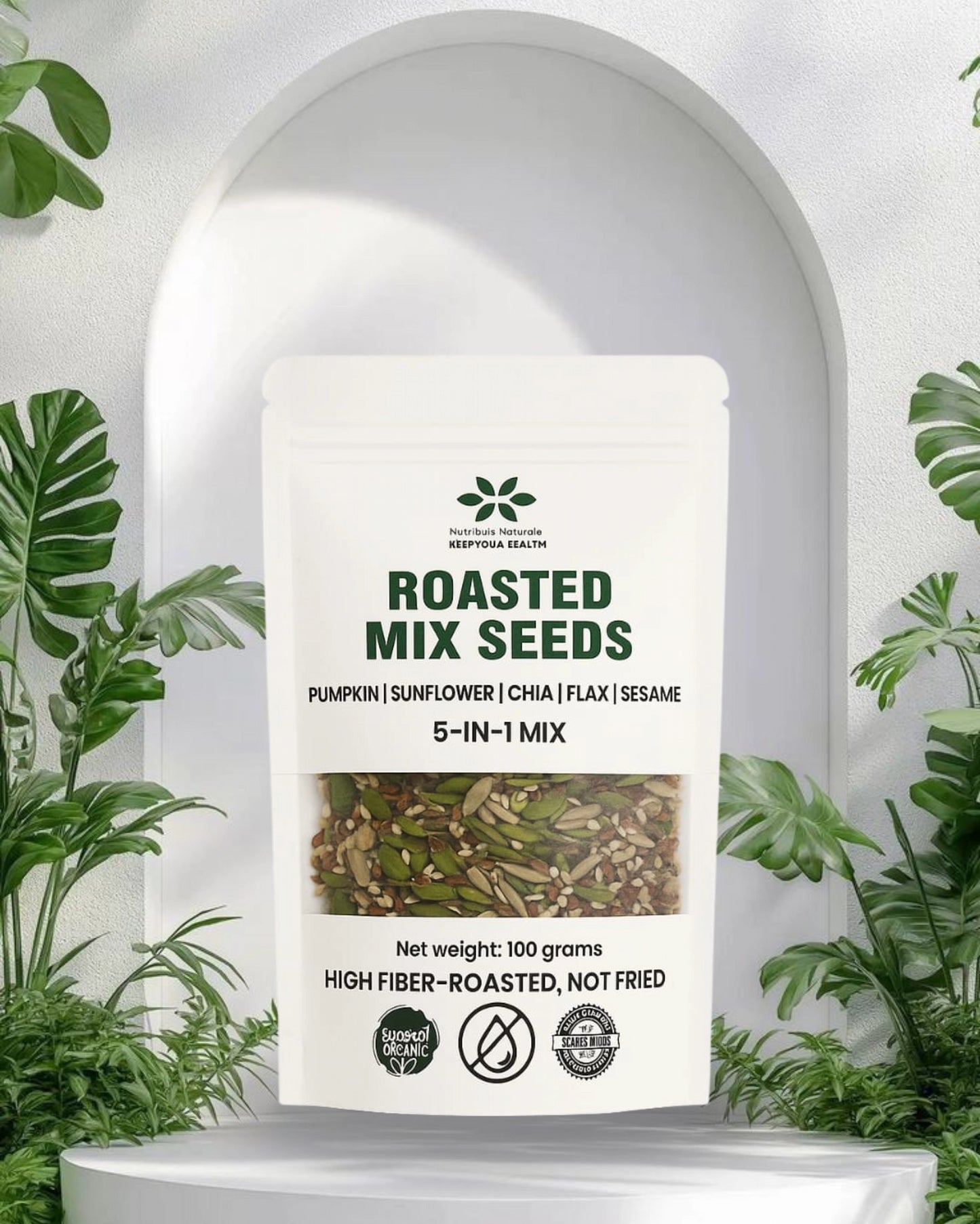 Bag of roasted mix seeds with plant-themed background