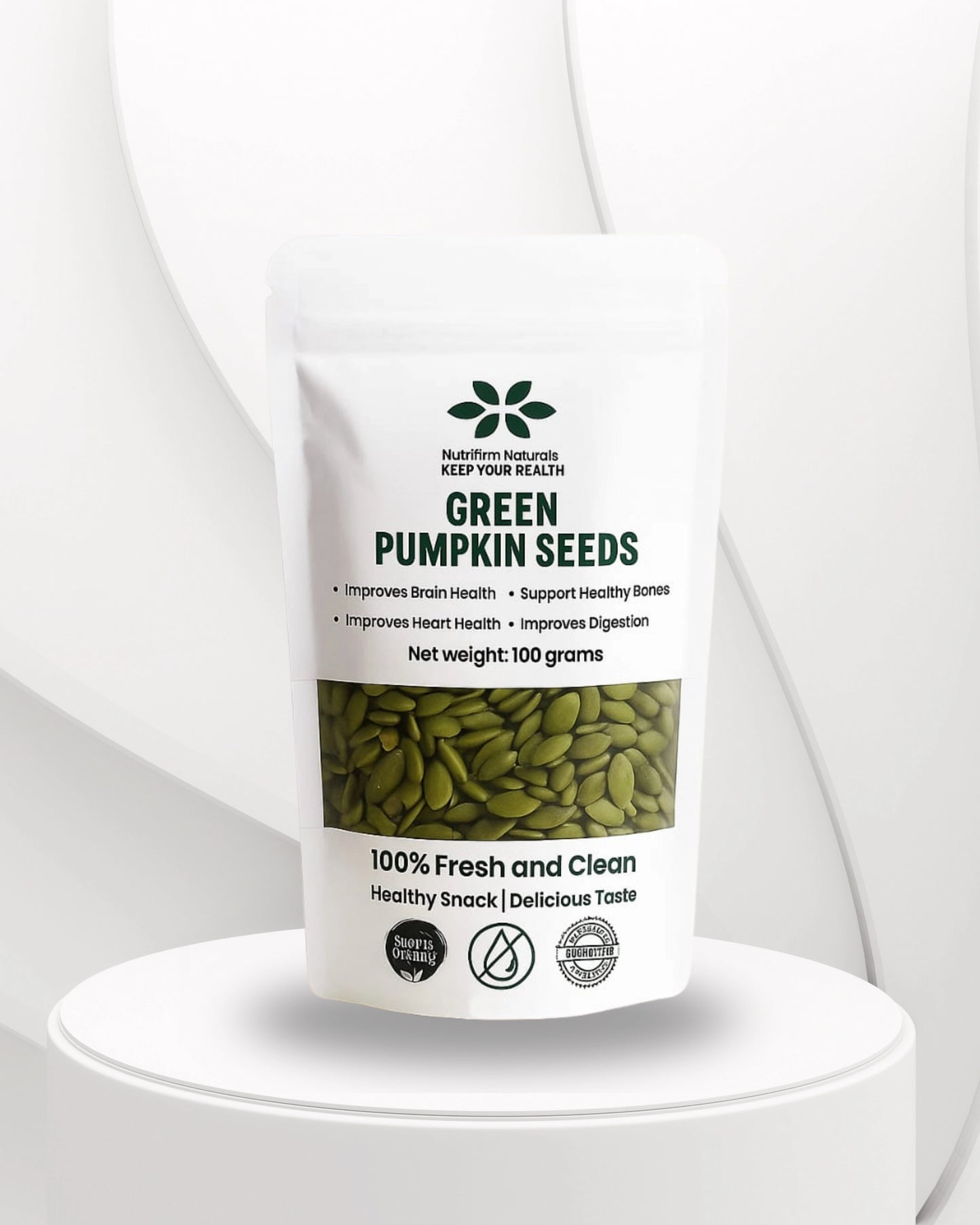 Bag of green pumpkin seeds with a label on a white background