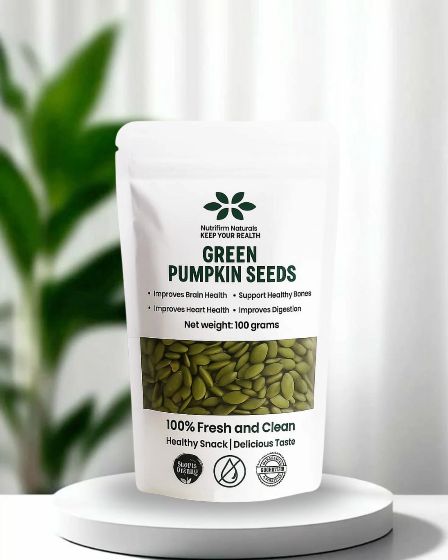 Packaged green pumpkin seeds with a label on a white background