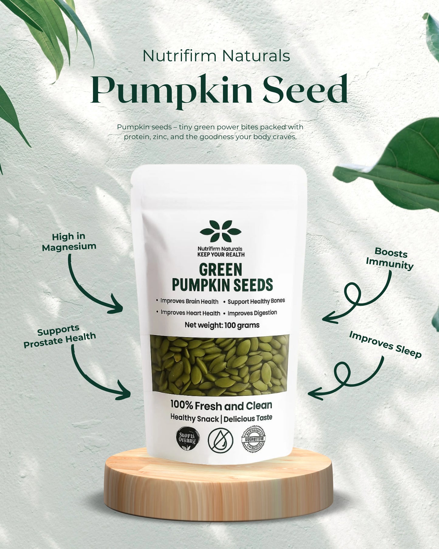 Nutrifirm Naturals Green Pumpkin Seeds packaging on a white background with green leaves and benefits.