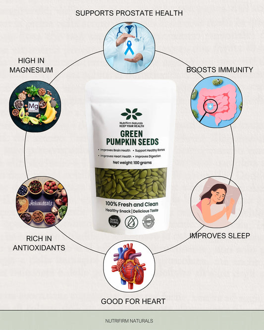 Green pumpkin seeds packaging with health benefits on a white background
