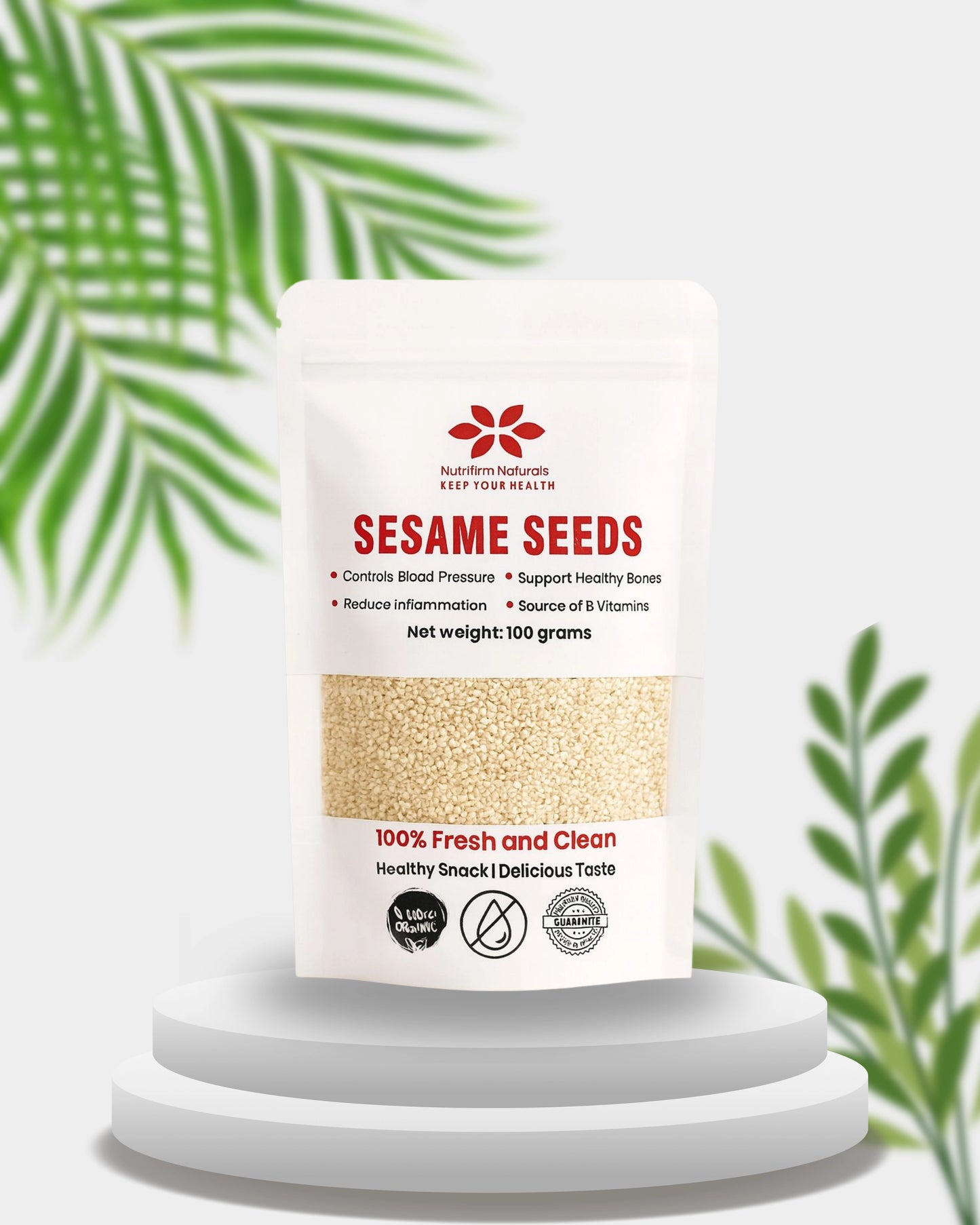 Container of Nutrifirm Naturals Sesame Seeds with a white background and green leaves.