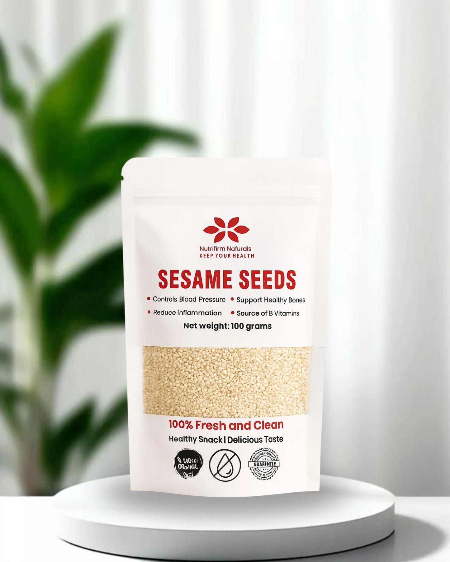 Package of Nutrifirm
Naturals Sesame Seeds with a plant in the background