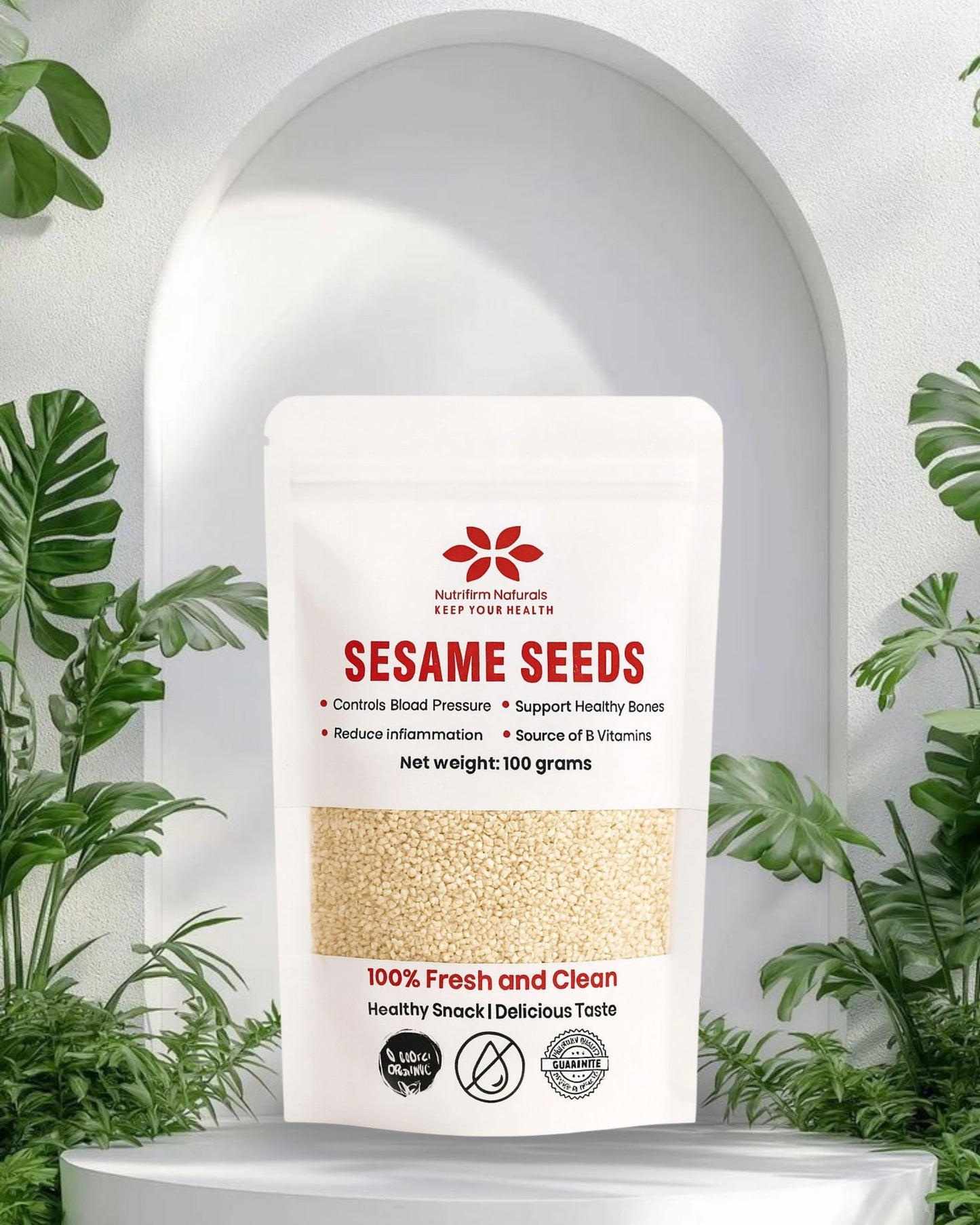 Package of Nutrifirm Naturals Sesame Seeds with green plants in the background