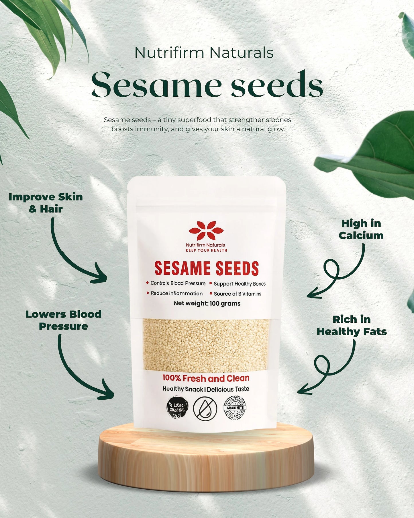 Nutrifirm Naturals Sesame seeds packaging on a light green background with leaf graphics.