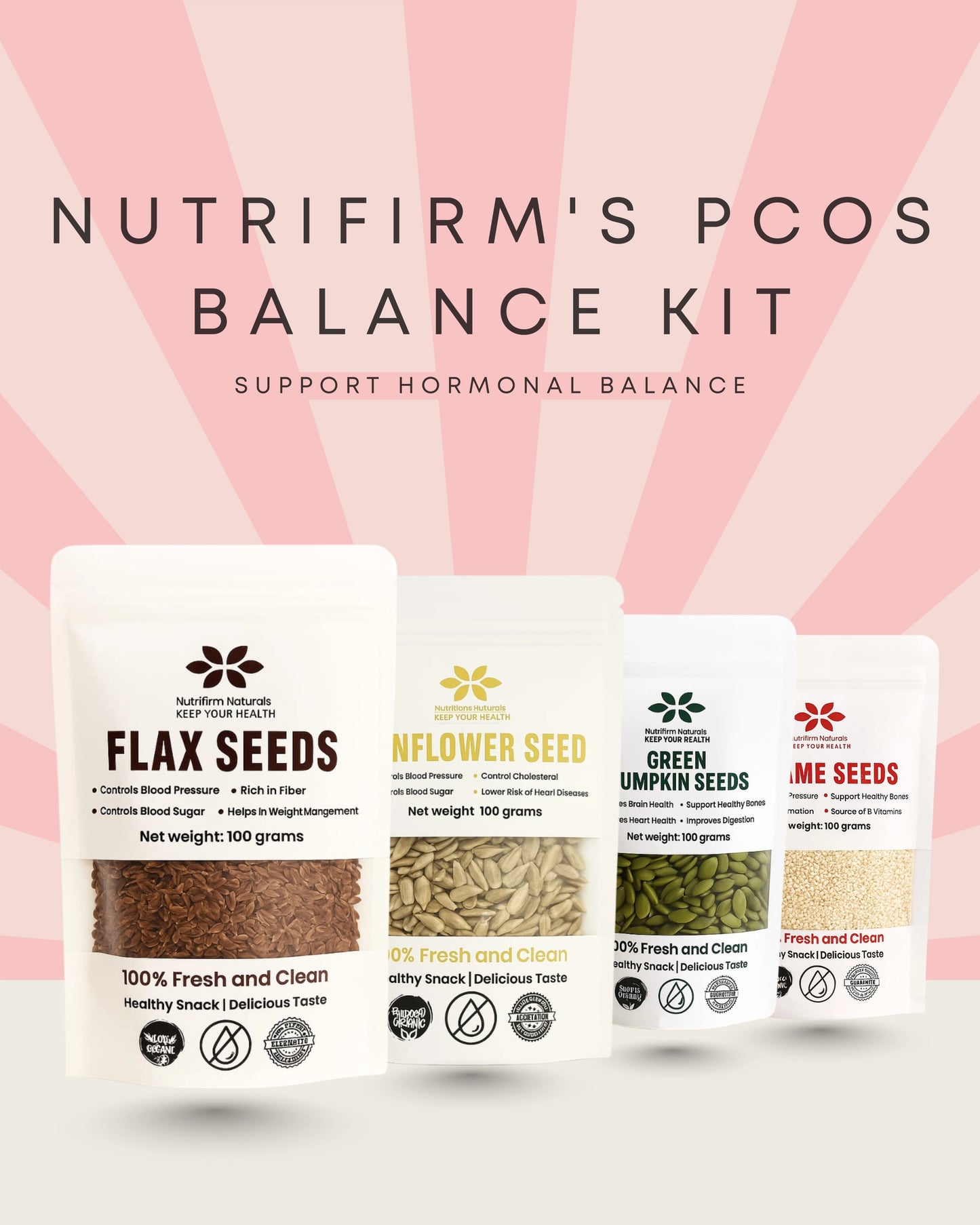 Nutrifirm's PCOS seed cycling Kit packaging with flax seeds, flower seed, green pumpkin seed, and me seeds on a pink background.