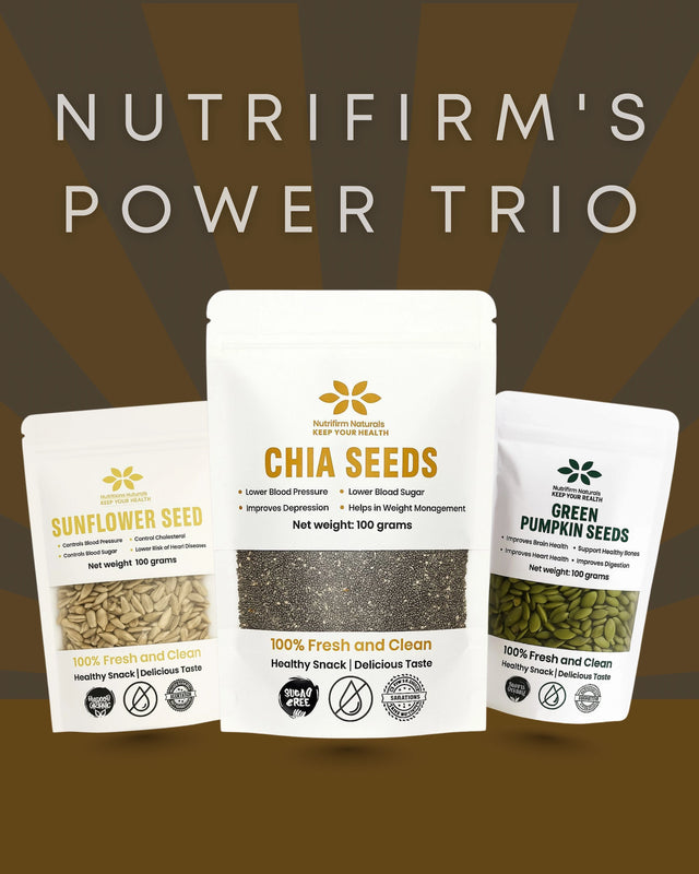 Three packages of Nutrifirm's Power Trio with sunflower seeds, chia seeds, and green pumpkin seeds on a brown background.