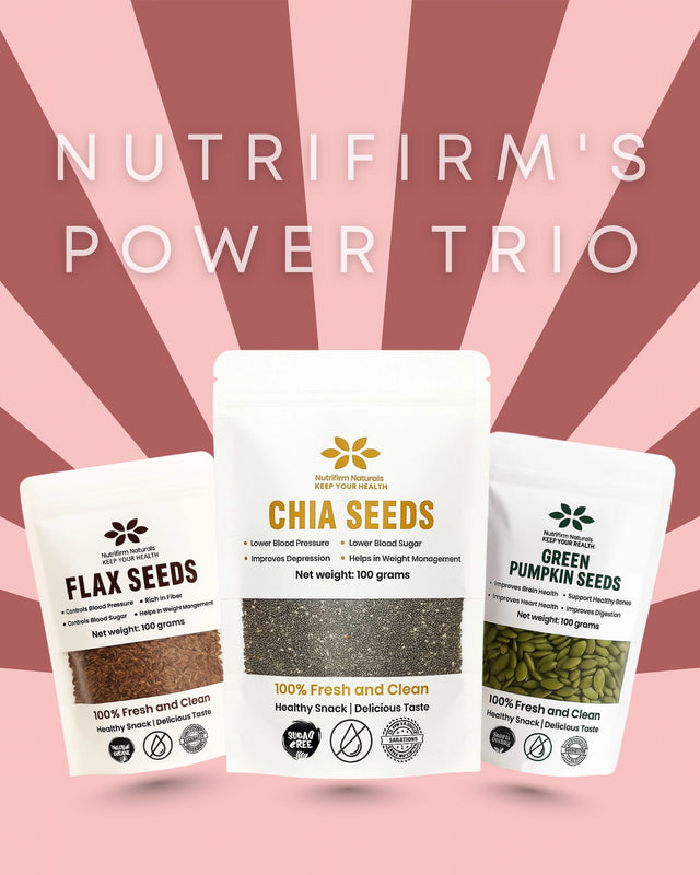 Three packages of Nutrifirm's Flax seeds, Chia Seed and pumpkin seeds on a pink and red striped background with 'Nutrifirm's Power Trio' text.