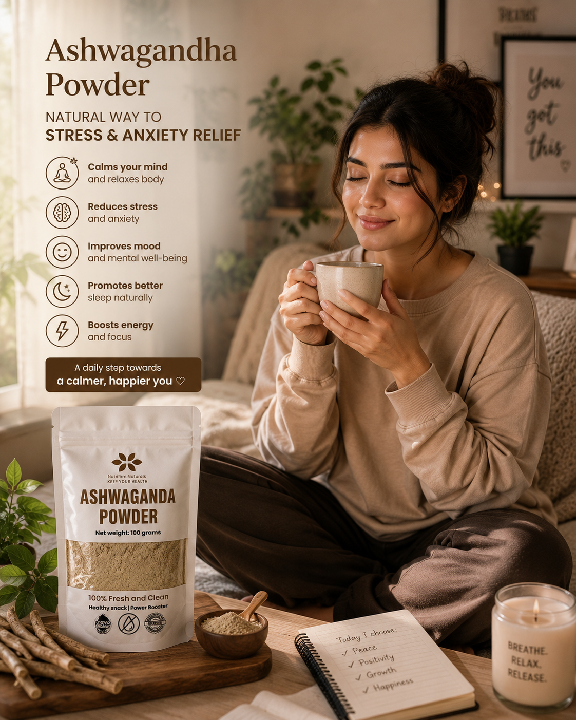 Nutrifirm Naturals Ashwagandha Powder 100g – Premium Herbal Powder for Stress Support, Better Sleep & Daily Wellness | 100% Pure