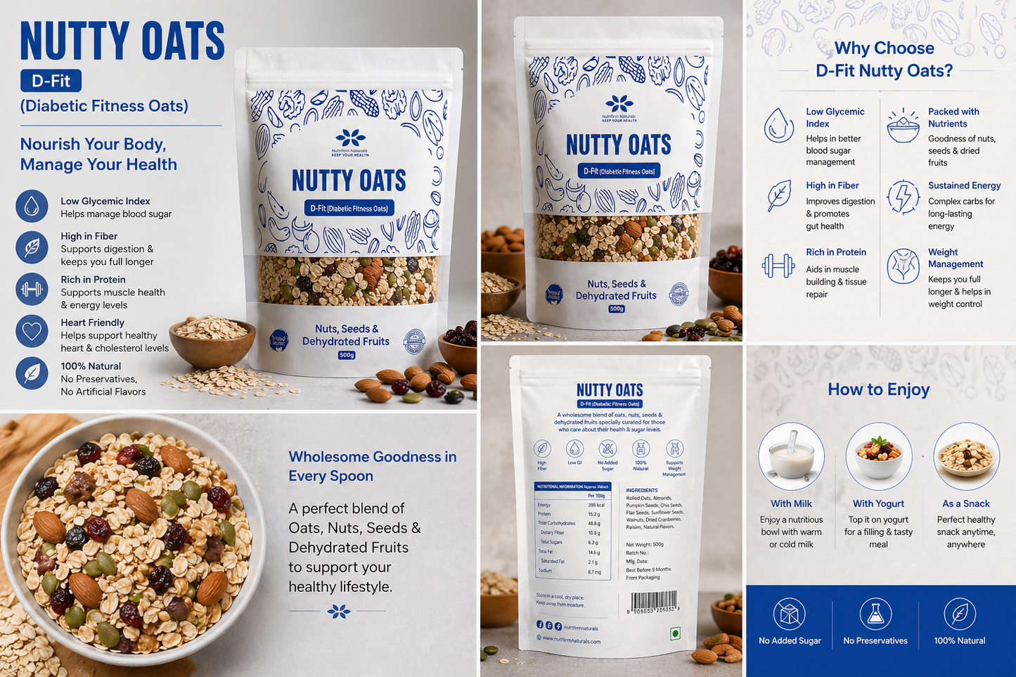 Nutrifirm Naturals D-Fit | Diabetics Fitness Oats - Nuts and Seeds