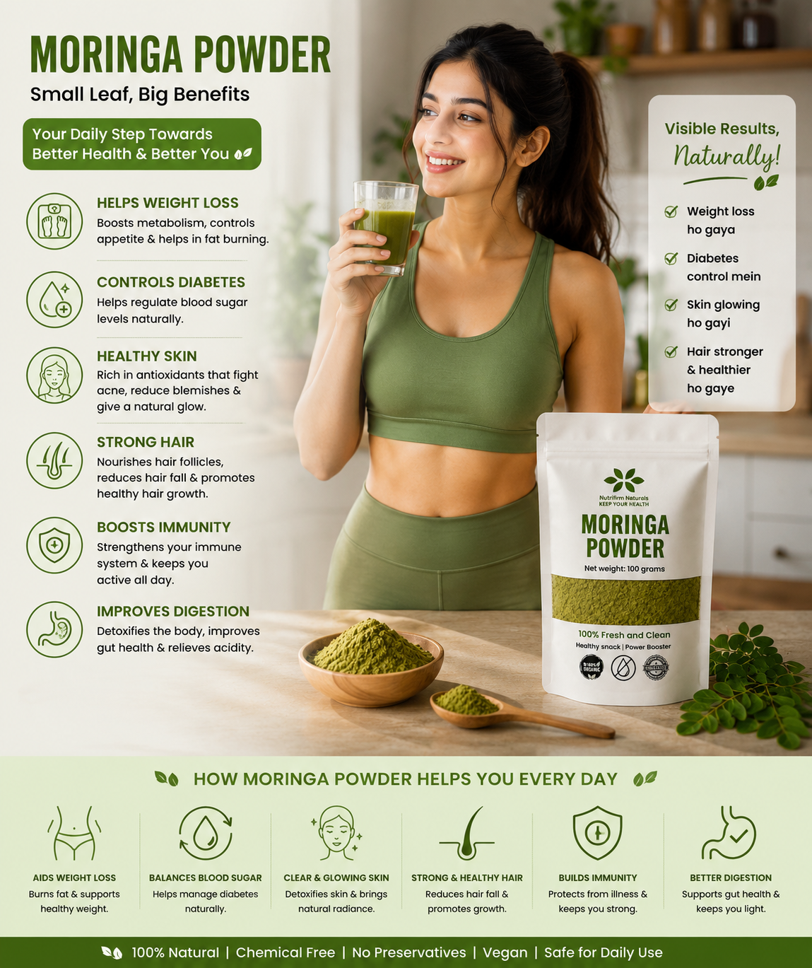 Nutrifirm Naturals Organic Moringa Powder 100g – Premium Sohanjna Leaf Powder