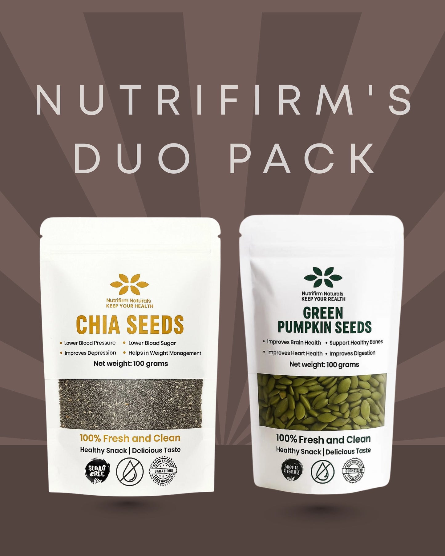 Two Nutrifirm seed packs, one for chia seeds and one for green pumpkin seeds, on a brown background.