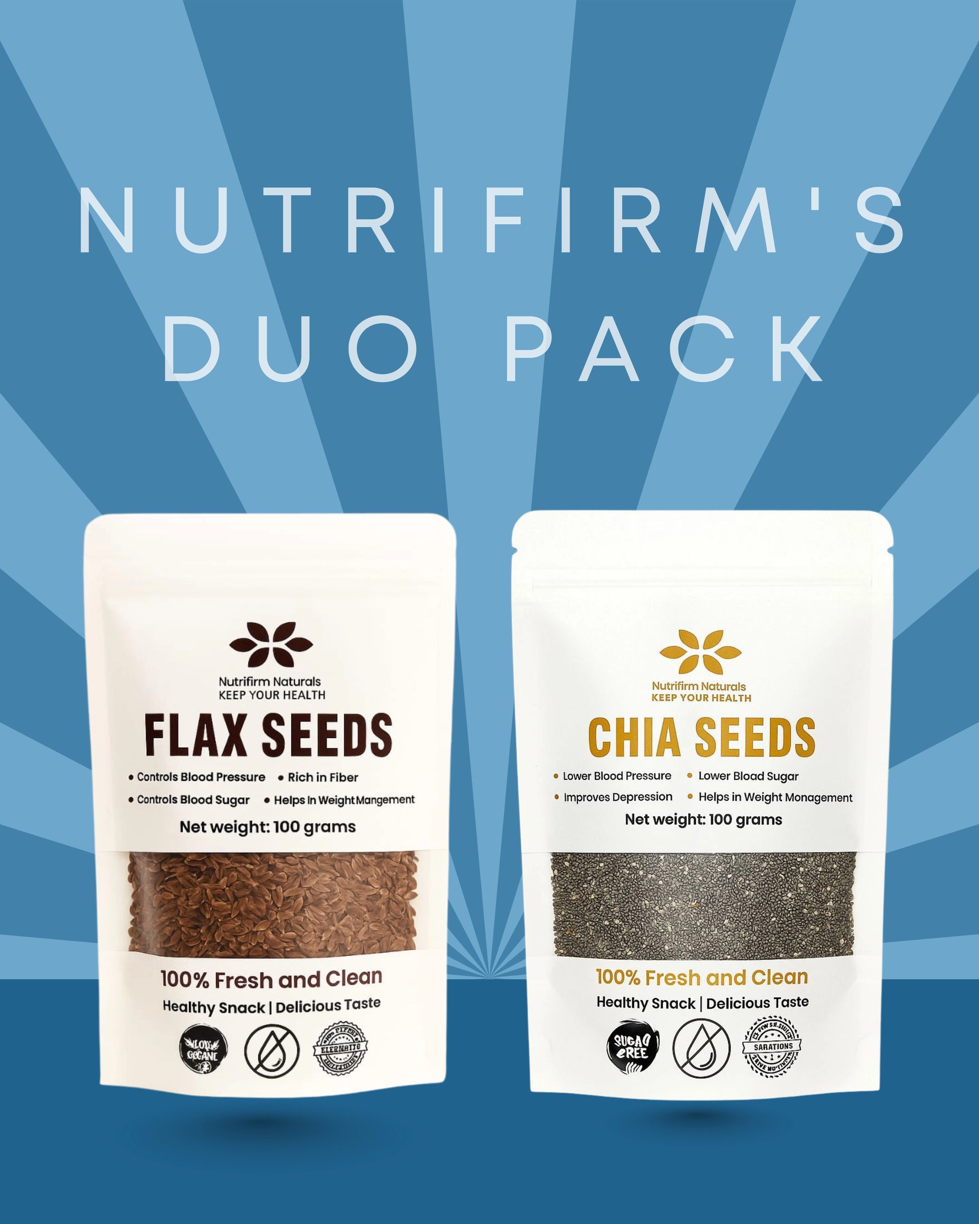 Two packages of Nutrifirm Flax Seeds and Chia Seeds on a blue background