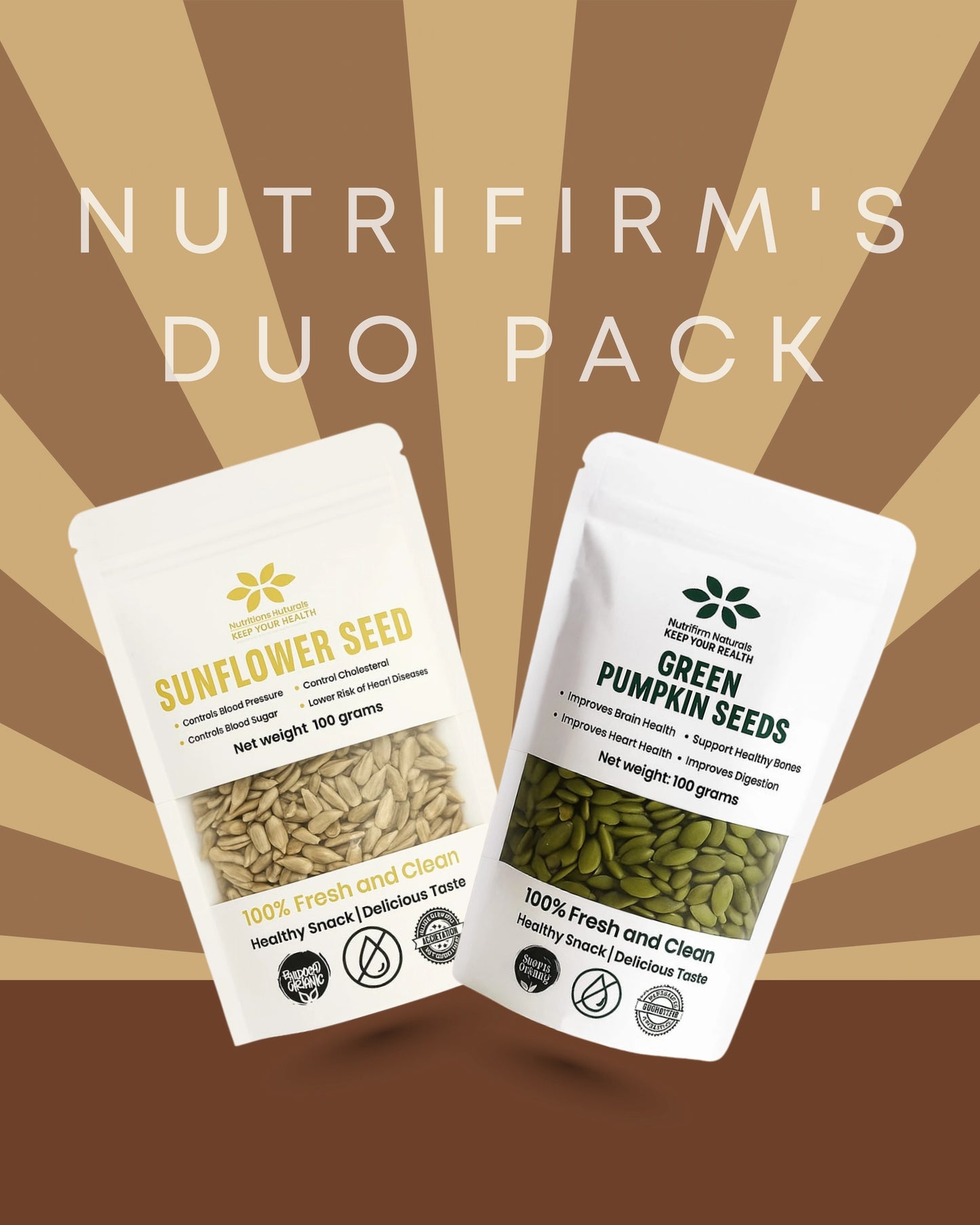 Two Nutrifirm seed packs on a brown and beige background. Sunflower Seeds and Pumpkin Seeds.