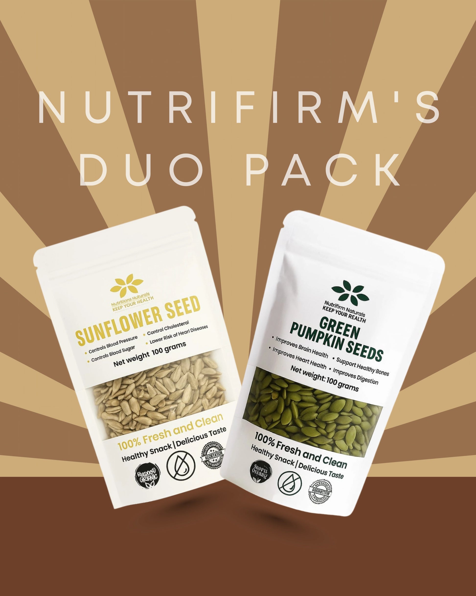 Two Nutrifirm seed packs on a brown and beige background. Sunflower Seeds and Pumpkin Seeds.