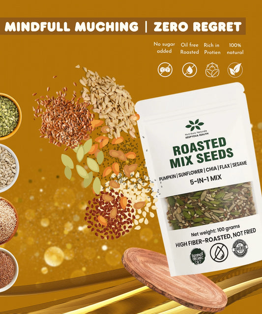 Package of roasted mix seeds with ingredients on a wooden surface and gradient background