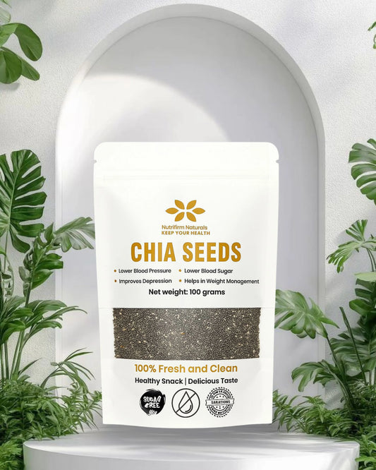 Bag of chia seeds with a white background and green plants around