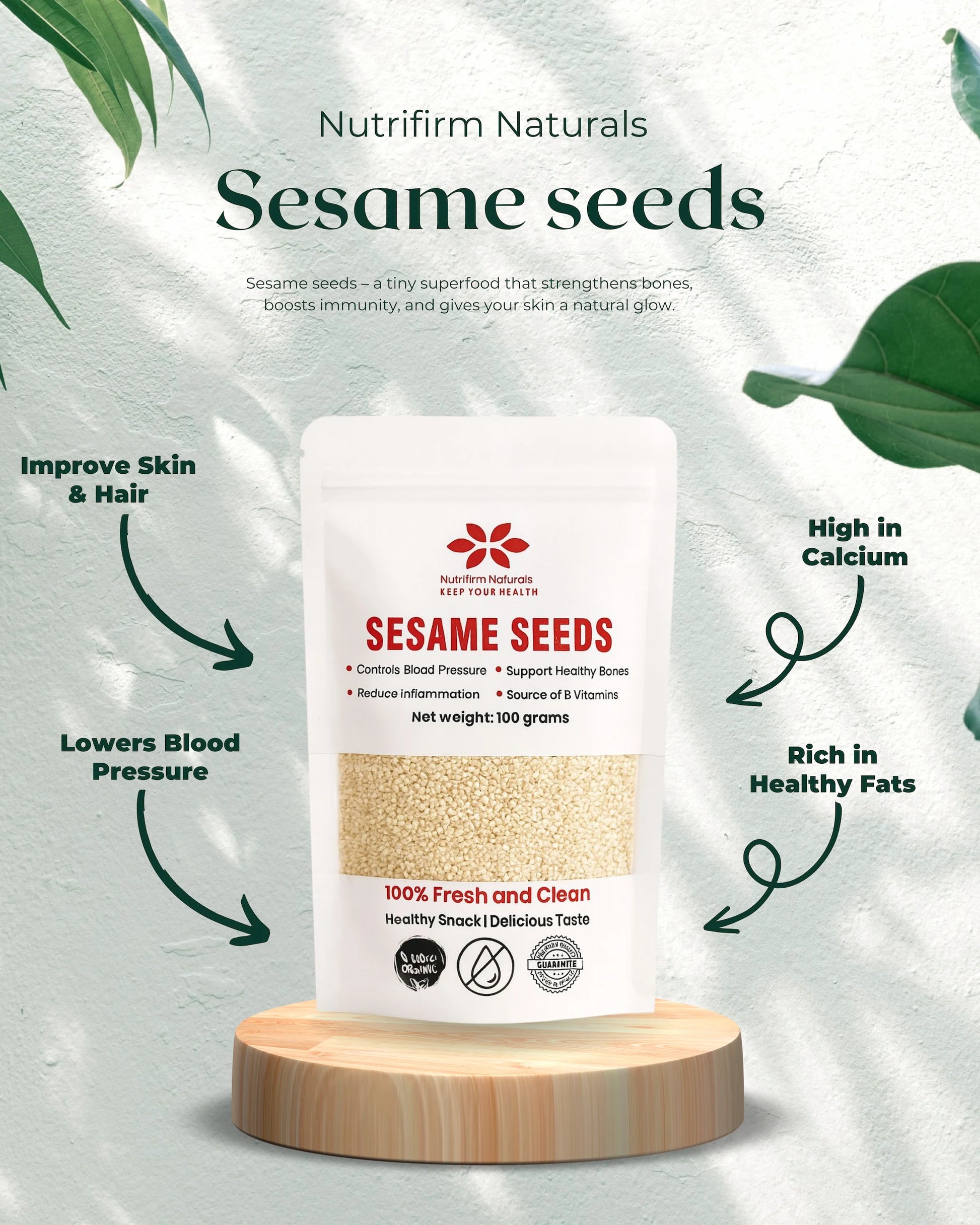 Nutrifirm Naturals Sesame seeds packaging on a light green background with leaf graphics.