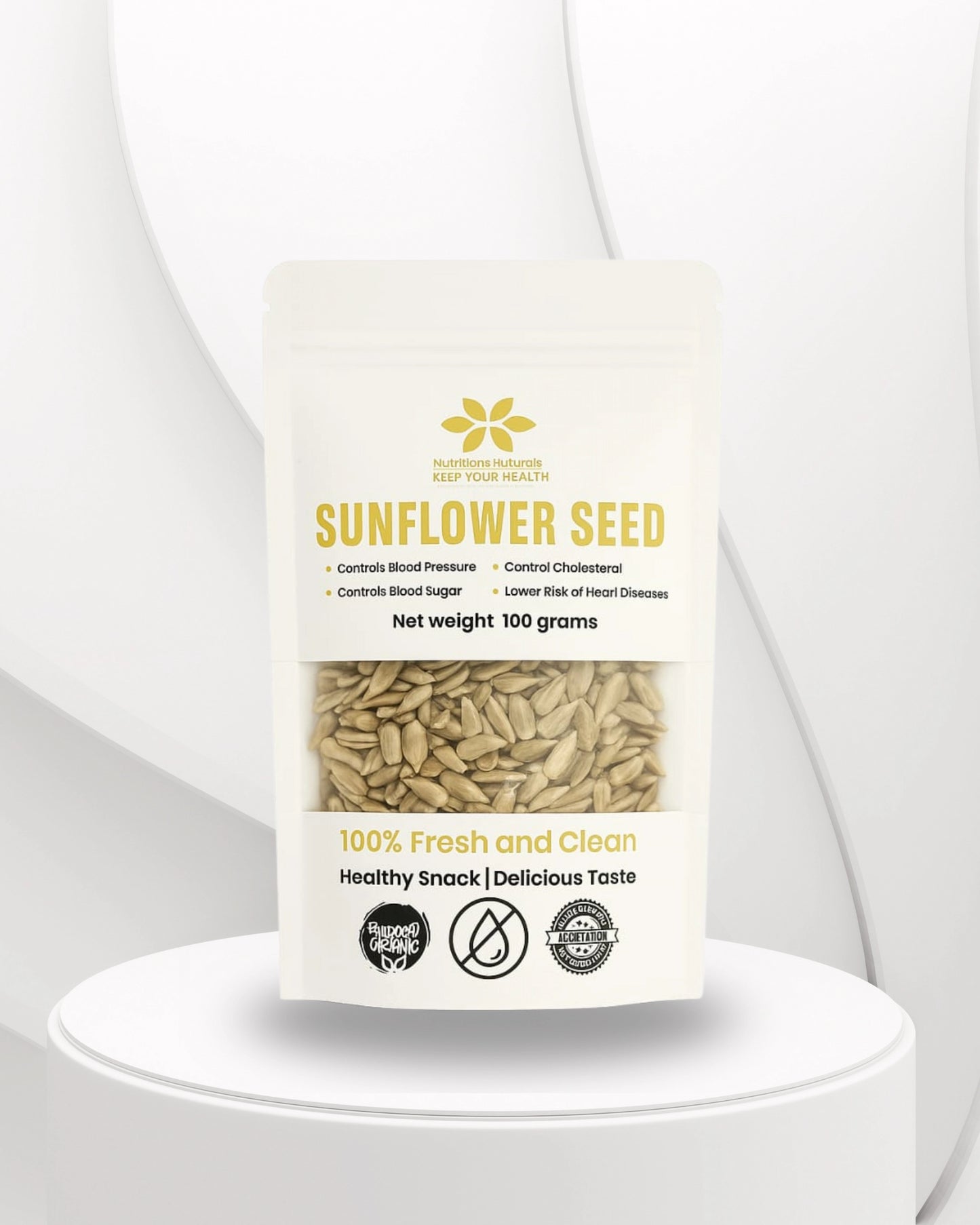 Bag of sunflower seeds with a white background