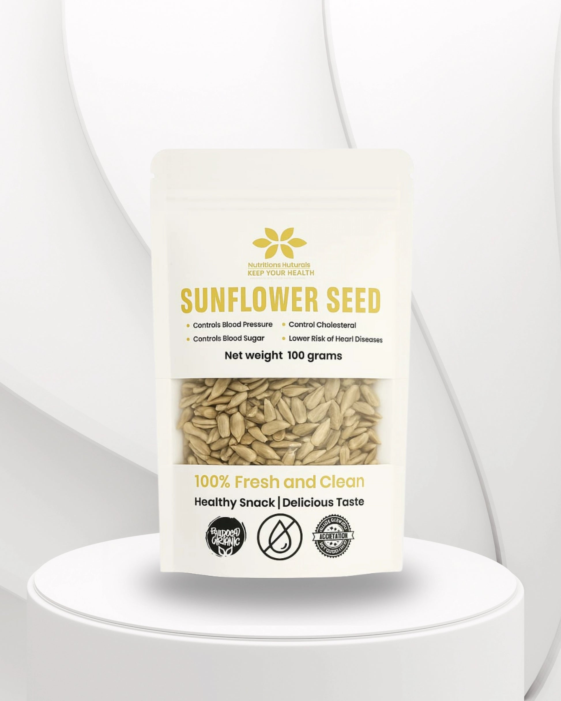 Bag of sunflower seeds with a white background