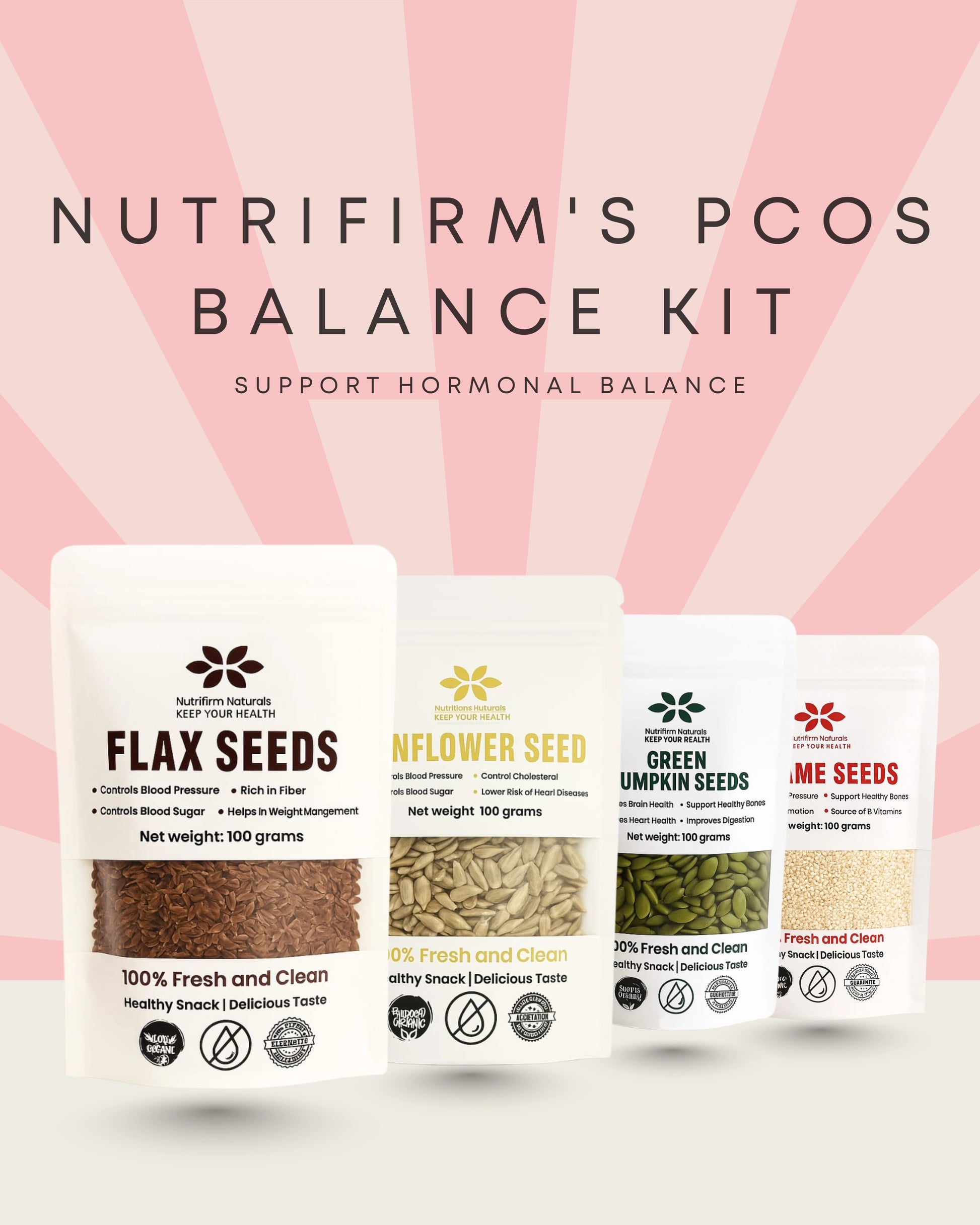 Nutrifirm's PCOS seed cycling Kit packaging with flax seeds, flower seed, green pumpkin seed, and me seeds on a pink background.