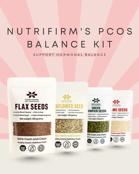Nutrifirm's PCOS seed cycling Kit packaging with flax seeds, flower seed, green pumpkin seed, and me seeds on a pink background.