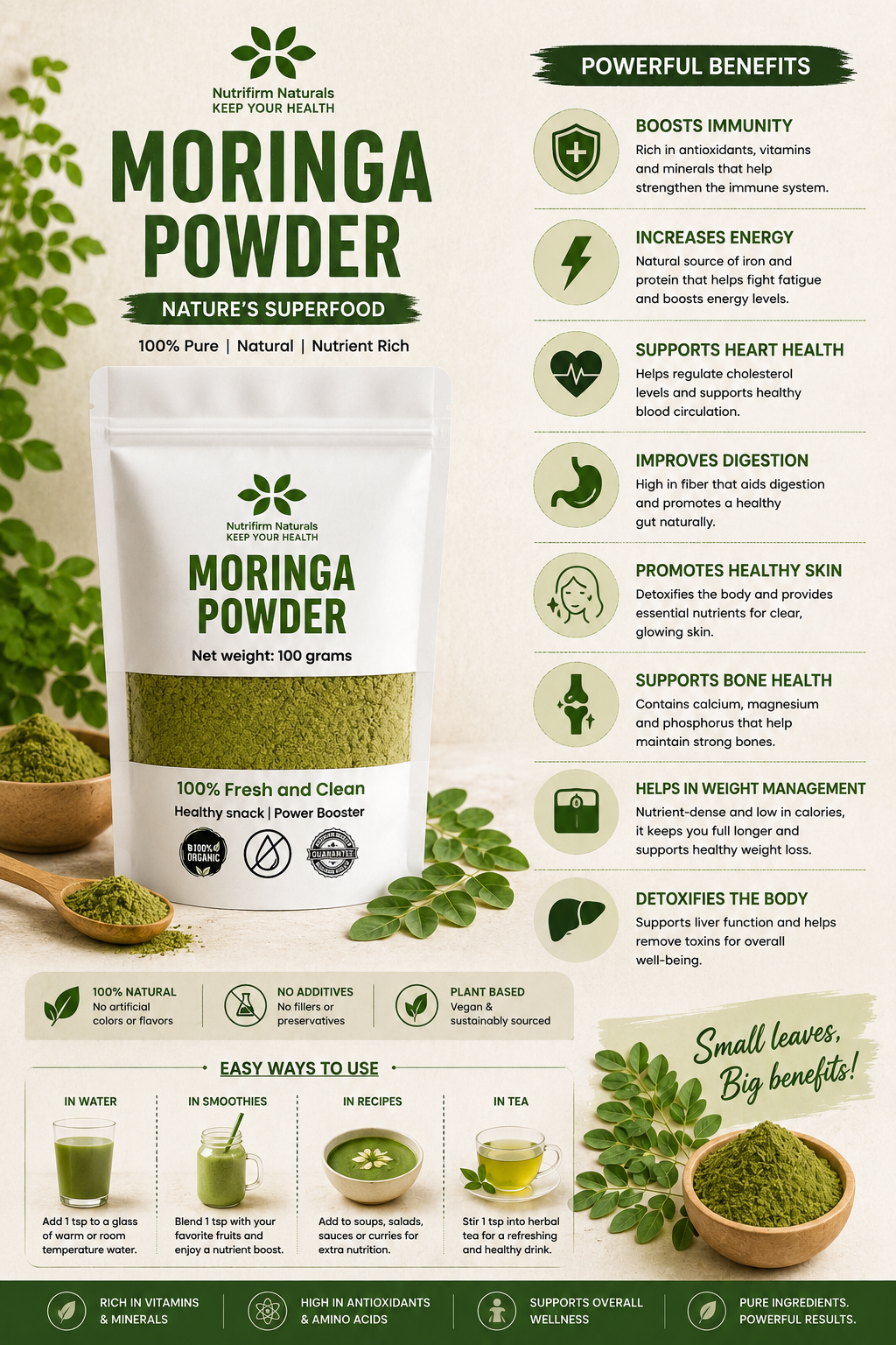 Nutrifirm Naturals Organic Moringa Powder 100g – Premium Sohanjna Leaf Powder
