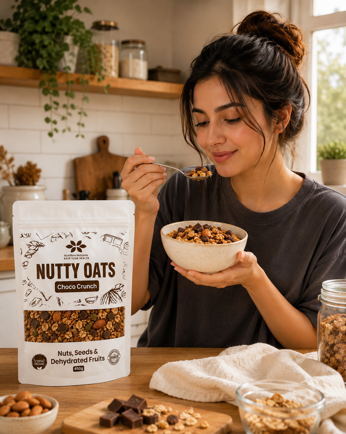 Nutrifirm Naturals Nutty Oats Choco Crunch – Healthy Breakfast Oats, Nuts, Seeds & Dark Chocolate | High Fiber