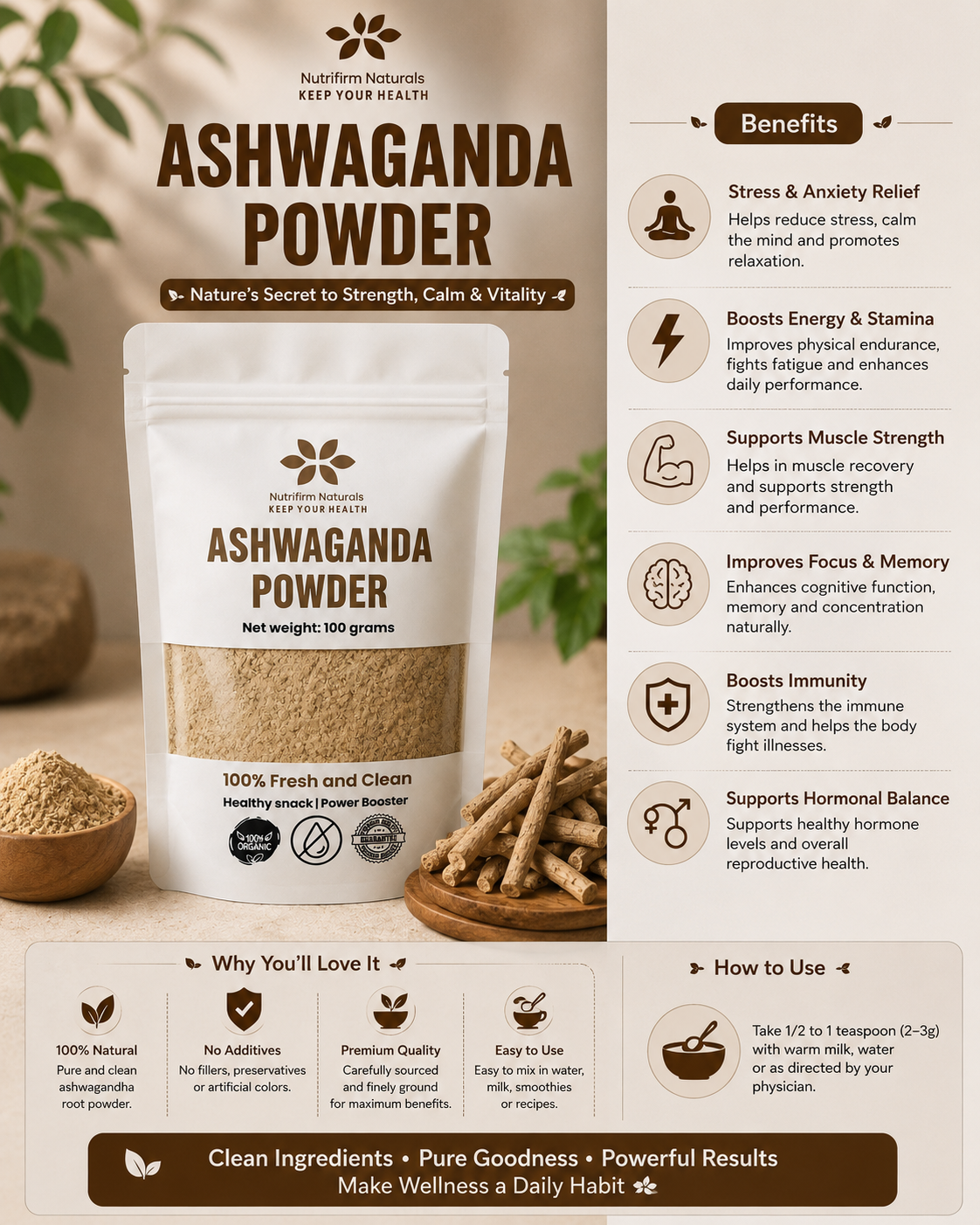 Nutrifirm Naturals Ashwagandha Powder 100g – Premium Herbal Powder for Stress Support, Better Sleep & Daily Wellness | 100% Pure