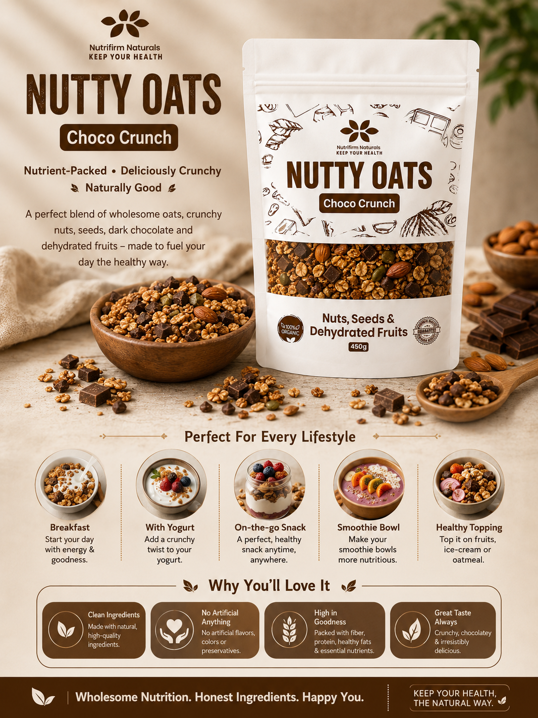 Nutrifirm Naturals Nutty Oats Choco Crunch – Healthy Breakfast Oats, Nuts, Seeds & Dark Chocolate | High Fiber