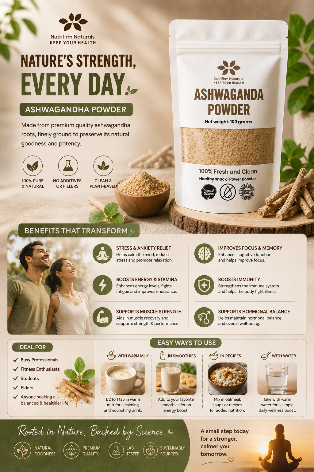 Nutrifirm Naturals Ashwagandha Powder 100g – Premium Herbal Powder for Stress Support, Better Sleep & Daily Wellness | 100% Pure