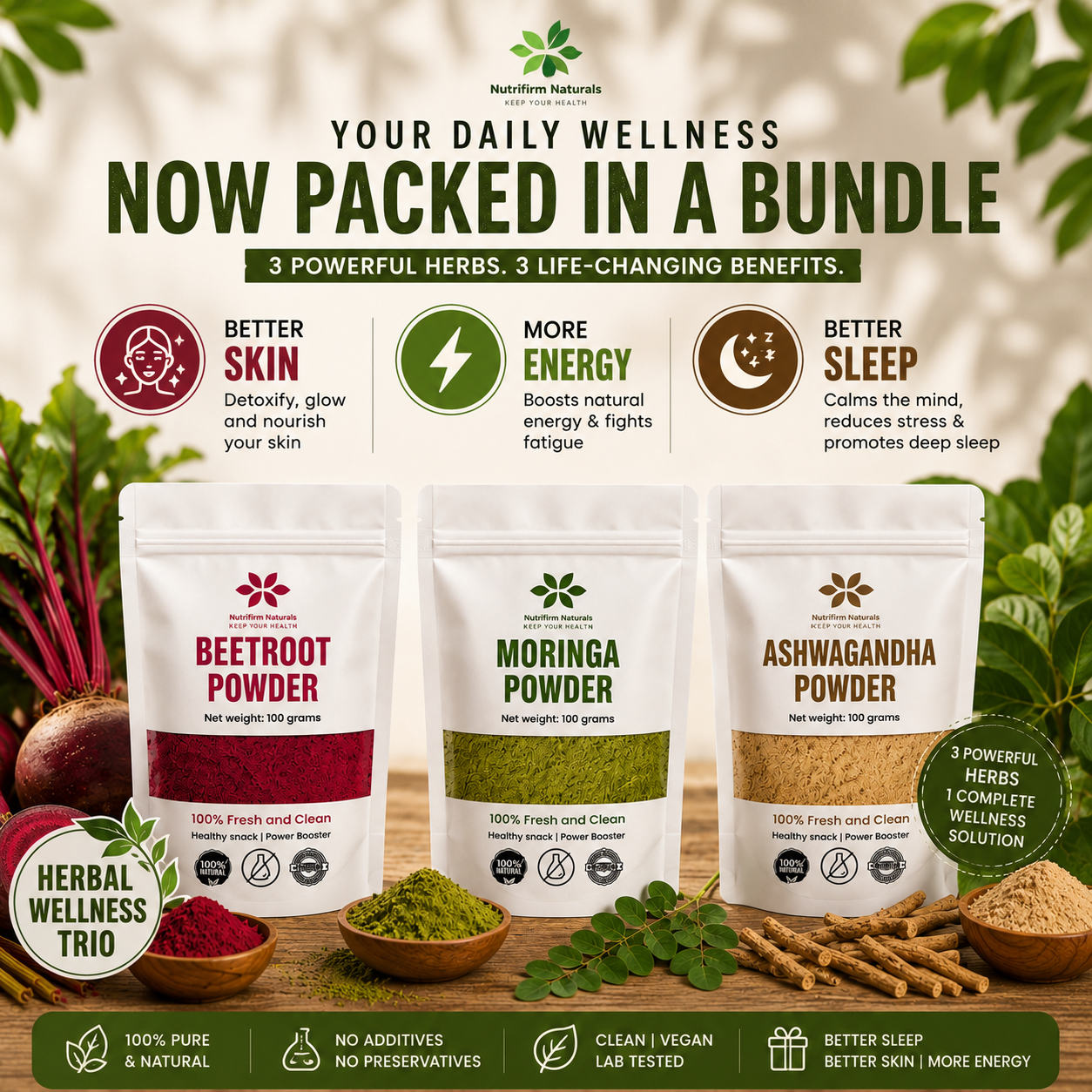 Nutrifirm Naturals Herbal Wellness Trio – Ashwagandha, Moringa & Beetroot Powder (3 × 100g)