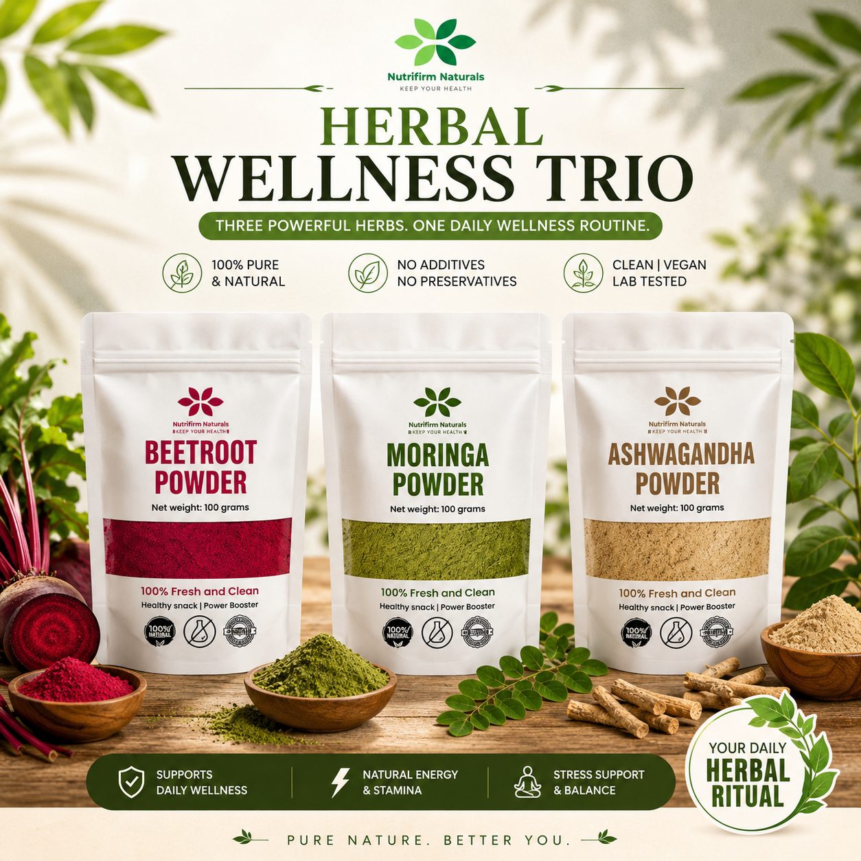 Nutrifirm Naturals Herbal Wellness Trio – Ashwagandha, Moringa & Beetroot Powder (3 × 100g)