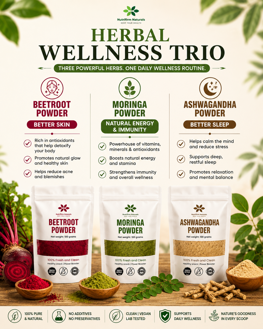 Nutrifirm Naturals Herbal Wellness Trio – Ashwagandha, Moringa & Beetroot Powder (3 × 100g)