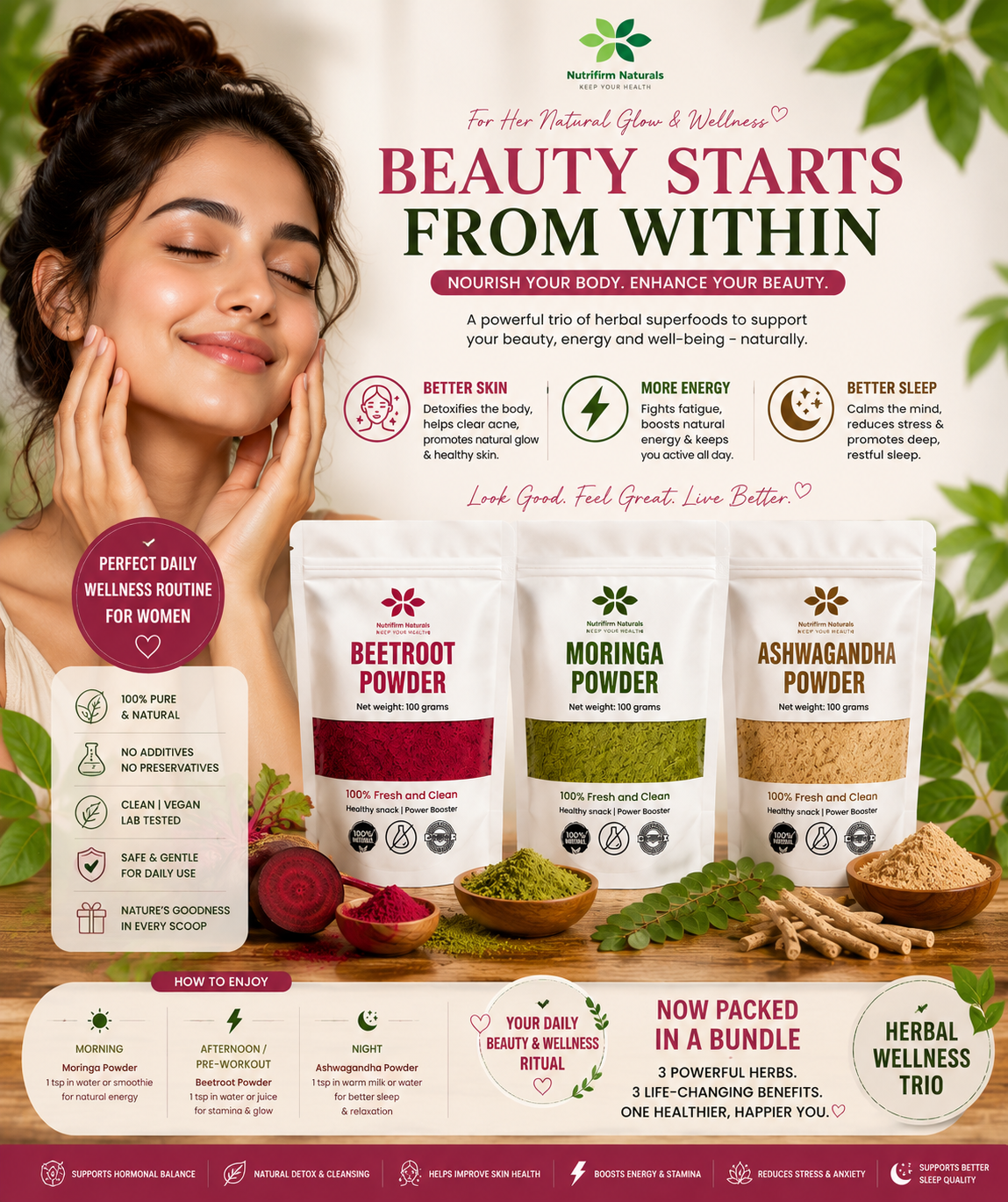 Nutrifirm Naturals Herbal Wellness Trio – Ashwagandha, Moringa & Beetroot Powder (3 × 100g)